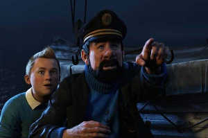 Tintn (voz de Jamie Bell) junto al capitn Haddock (voz de Andy Serkis) en una de sus aventuras