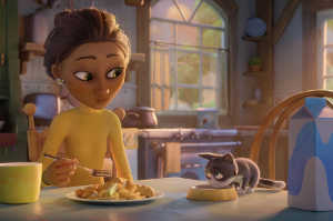 Rose (voz de Simone Ashley) junto a su nuevo amigo, el gatito Beckett (voz de Mo Gilligan)