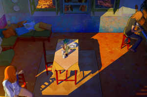 Alif observa cómo Bob compone junto al piano en su piso de Nueva York Alif observa cómo Bob compone junto al piano en su piso de Nueva York